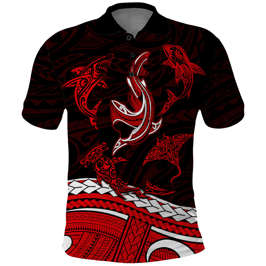 Polynesian Tribal Polo Shirt with Sharks Tattoo Red LT6 Red - Polynesian Pride