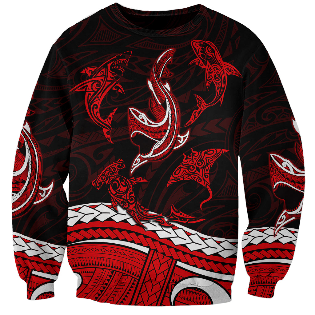 Polynesian Tribal Sweatshirt with Sharks Tattoo Red LT6 Unisex Red - Polynesian Pride