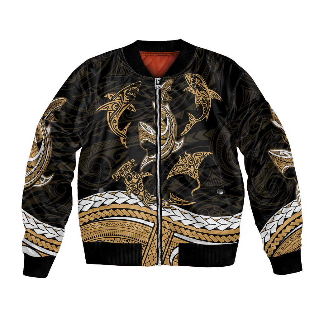 Polynesian Tribal Bomber Jacket with Sharks Tattoo Gold LT6 Unisex Gold - Polynesian Pride