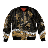 Polynesian Tribal Bomber Jacket with Sharks Tattoo Gold LT6 Unisex Gold - Polynesian Pride