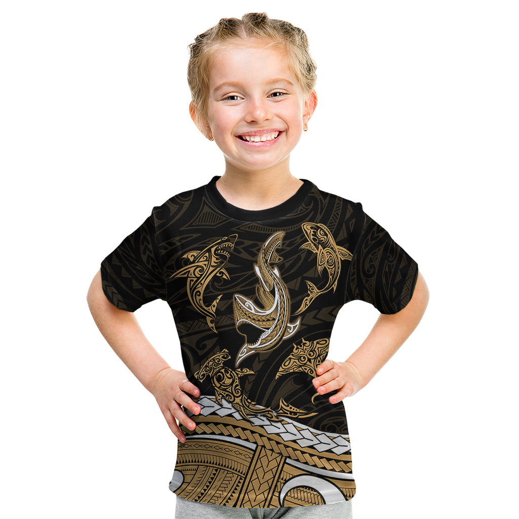 Polynesian Tribal Kid T Shirt with Sharks Tattoo Gold LT6 Gold - Polynesian Pride
