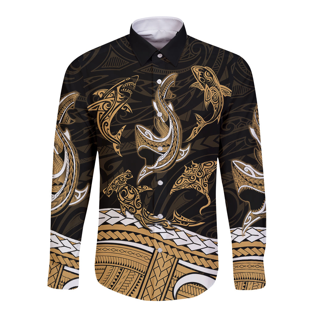 Polynesian Tribal Long Sleeve Button Shirt with Sharks Tattoo Gold LT6 Unisex Gold - Polynesian Pride