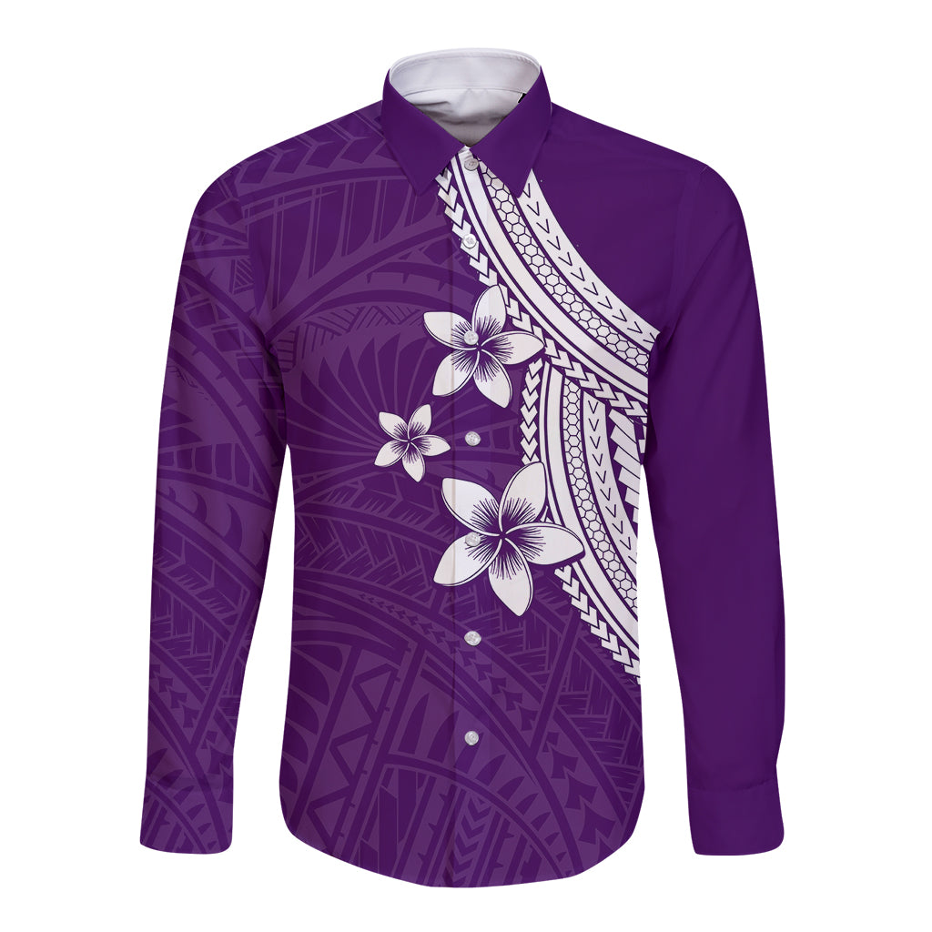 Polynesian Long Sleeve Button Shirt With Plumeria Flower Purple LT6 Unisex Purple - Polynesian Pride