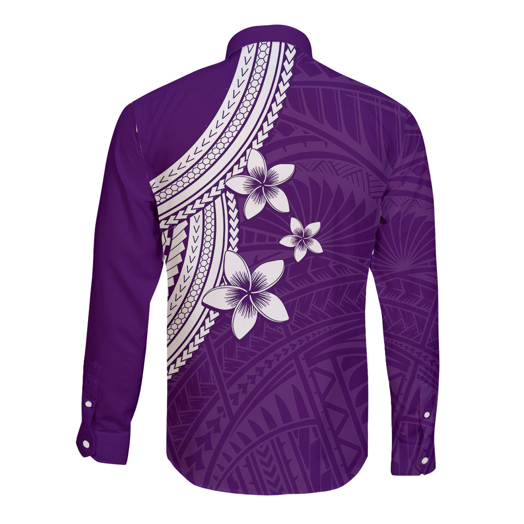 Polynesian Long Sleeve Button Shirt With Plumeria Flower Purple LT6 - Polynesian Pride