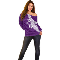 Polynesian Off Shoulder Sweater With Plumeria Flower Purple LT6 - Polynesian Pride