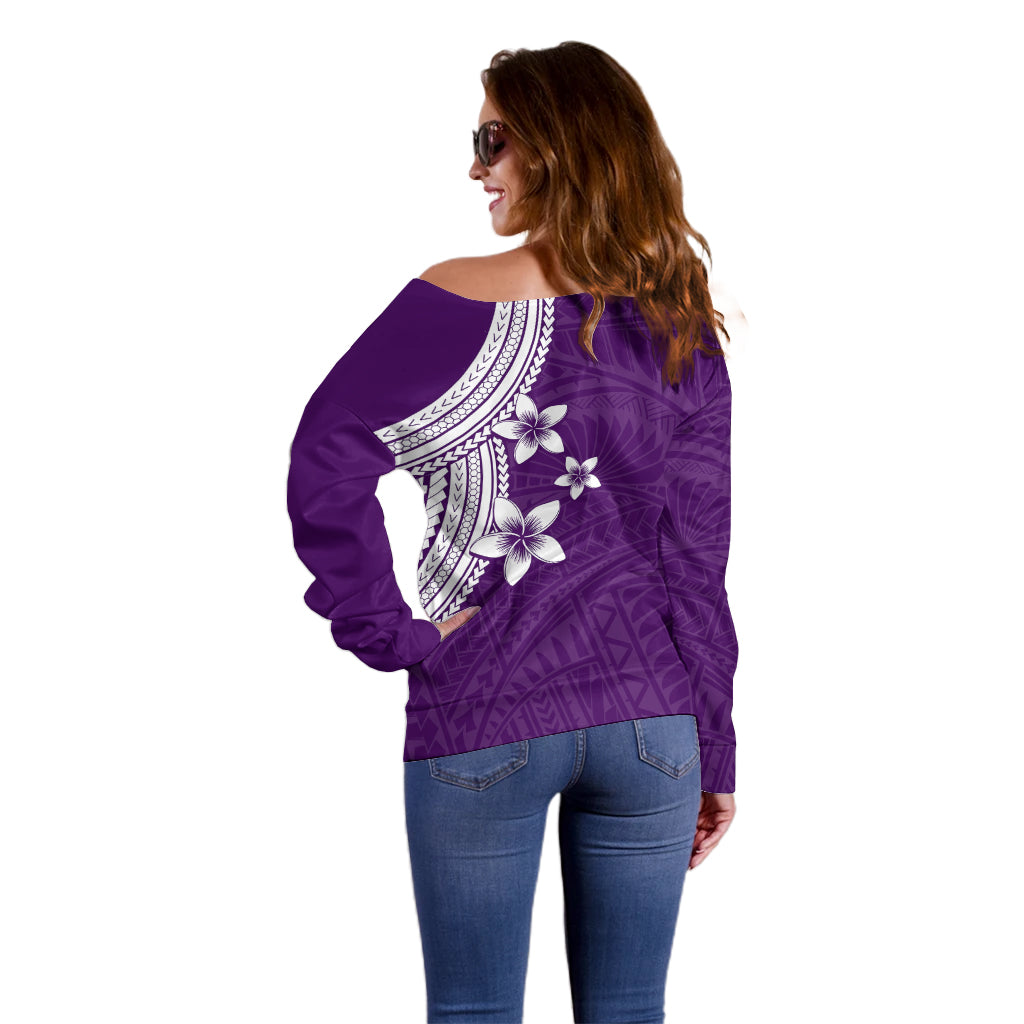 Polynesian Off Shoulder Sweater With Plumeria Flower Purple LT6 - Polynesian Pride