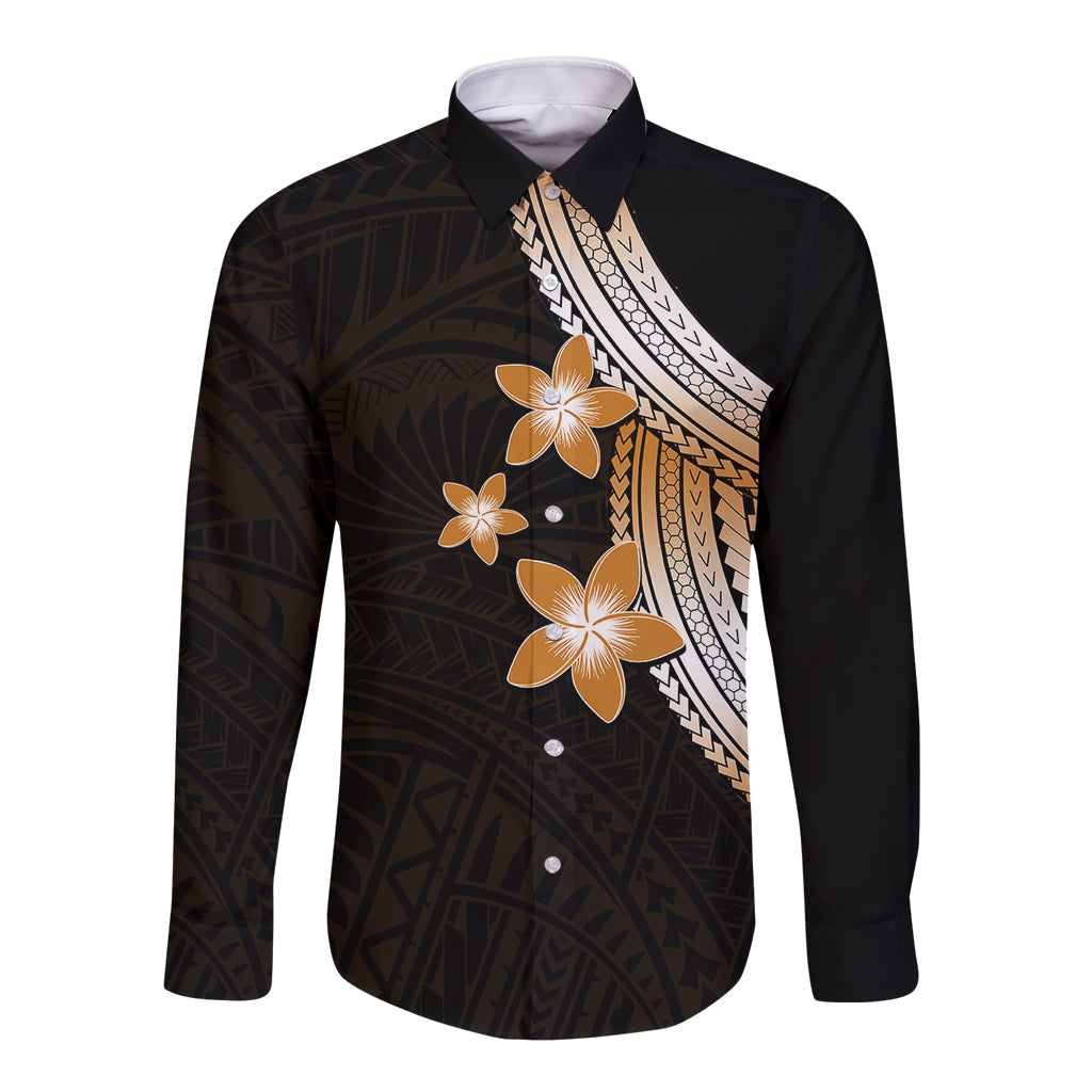 Polynesian Long Sleeve Button Shirt With Plumeria Flower Gold LT6 Unisex Gold - Polynesian Pride