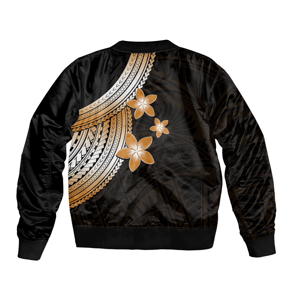 Polynesian Sleeve Zip Bomber Jacket With Plumeria Flower Gold LT6 - Polynesian Pride