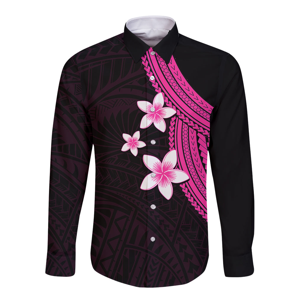 Polynesian Long Sleeve Button Shirt With Plumeria Flower Pink LT6 Unisex Pink - Polynesian Pride