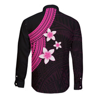 Polynesian Long Sleeve Button Shirt With Plumeria Flower Pink LT6 - Polynesian Pride