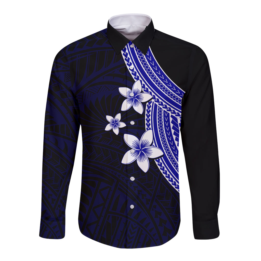 Polynesian Long Sleeve Button Shirt With Plumeria Flower Blue LT6 Unisex Blue - Polynesian Pride