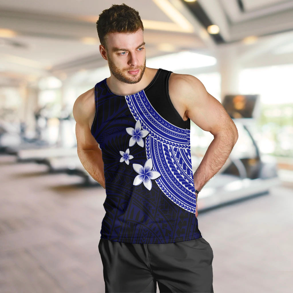 Polynesian Men Tank Top With Plumeria Flower Blue LT6 - Polynesian Pride