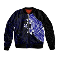 Polynesian Sleeve Zip Bomber Jacket With Plumeria Flower Blue LT6 Unisex Blue - Polynesian Pride