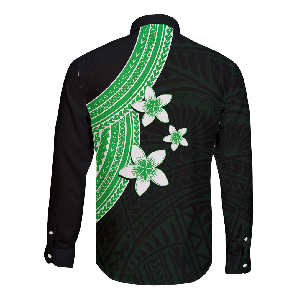 Polynesian Long Sleeve Button Shirt With Plumeria Flower Green LT6 - Polynesian Pride