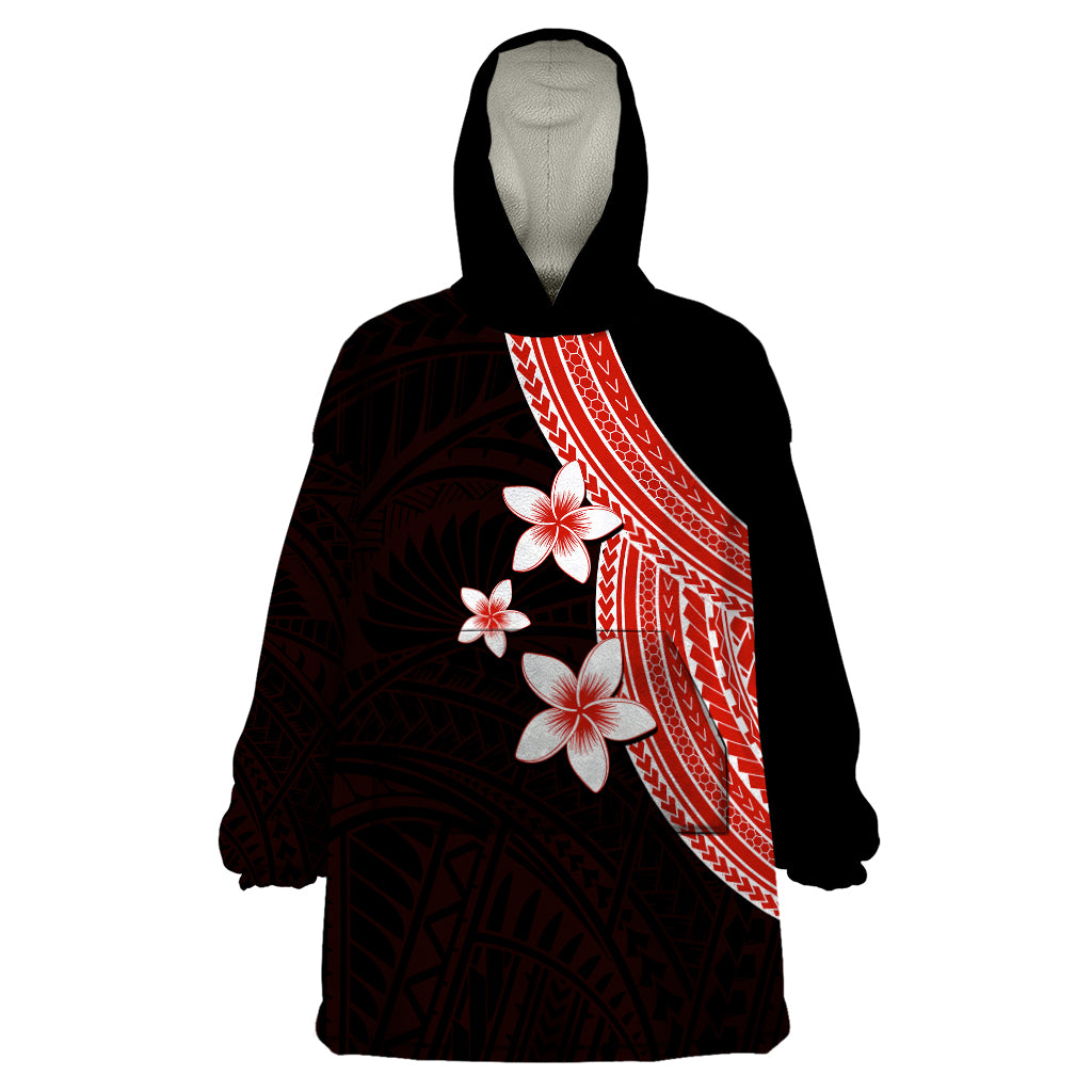 Polynesian Wearable Blanket Hoodie With Plumeria Flower Red LT6 One Size Red - Polynesian Pride