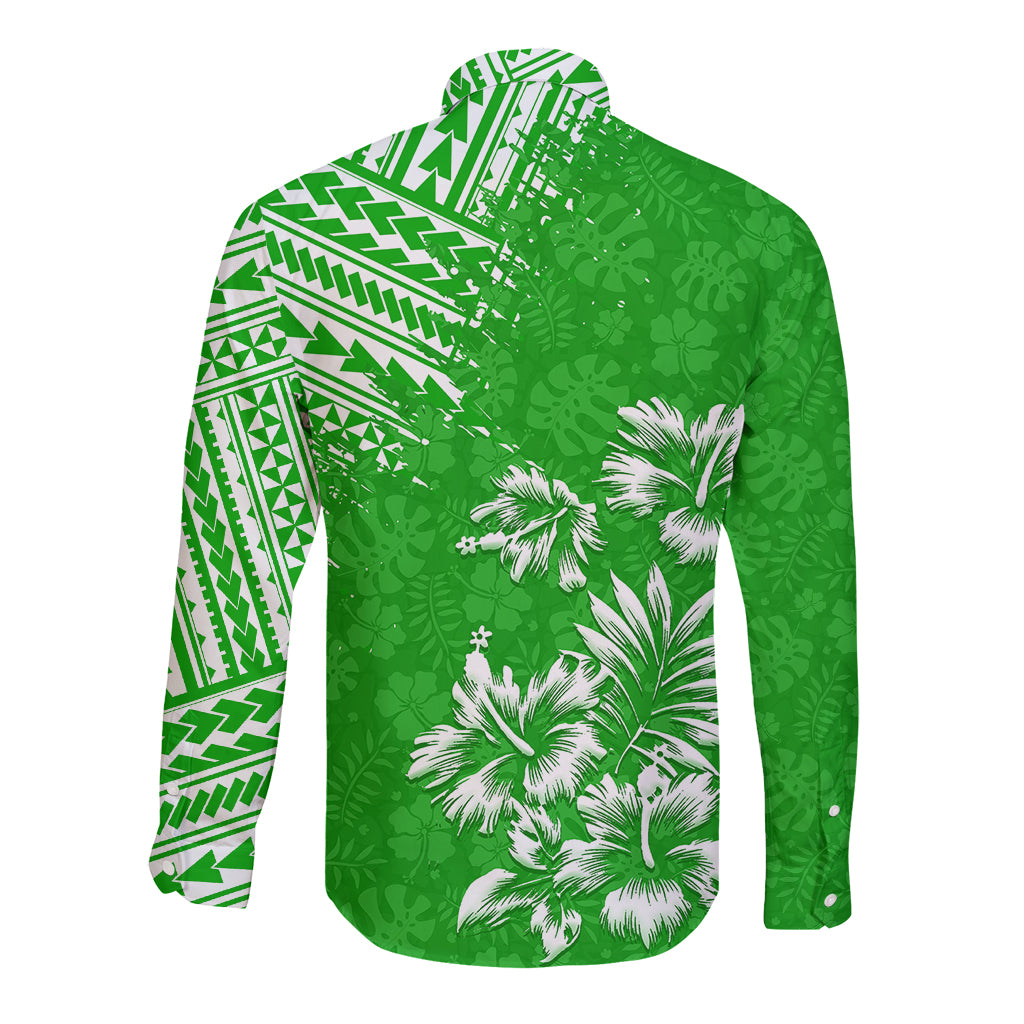 Hawaii Summer Long Sleeve Button Shirt Mix Polynesian Green LT6 - Polynesian Pride