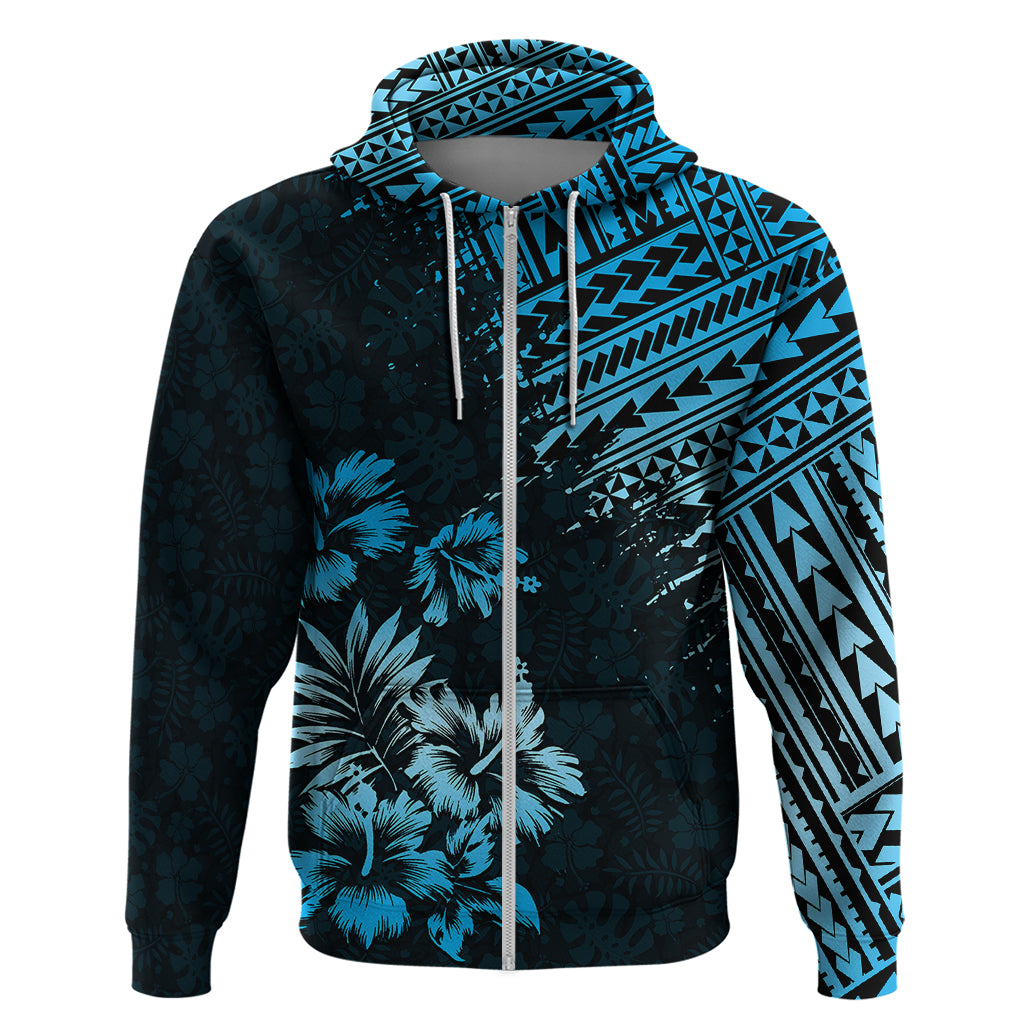 Hawaii Summer Hoodie Mix Polynesian Black Blue LT6 Zip Hoodie Blue - Polynesian Pride