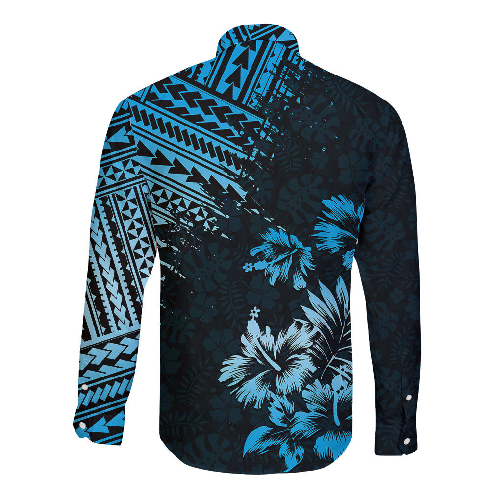 Hawaii Summer Long Sleeve Button Shirt Mix Polynesian Black-Blue LT6 - Polynesian Pride