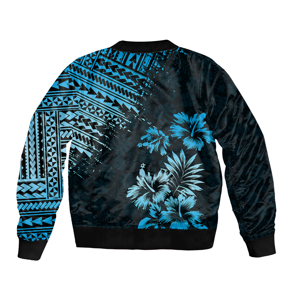Hawaii Summer Sleeve Zip Bomber Jacket Mix Polynesian Black-Blue LT6 - Polynesian Pride