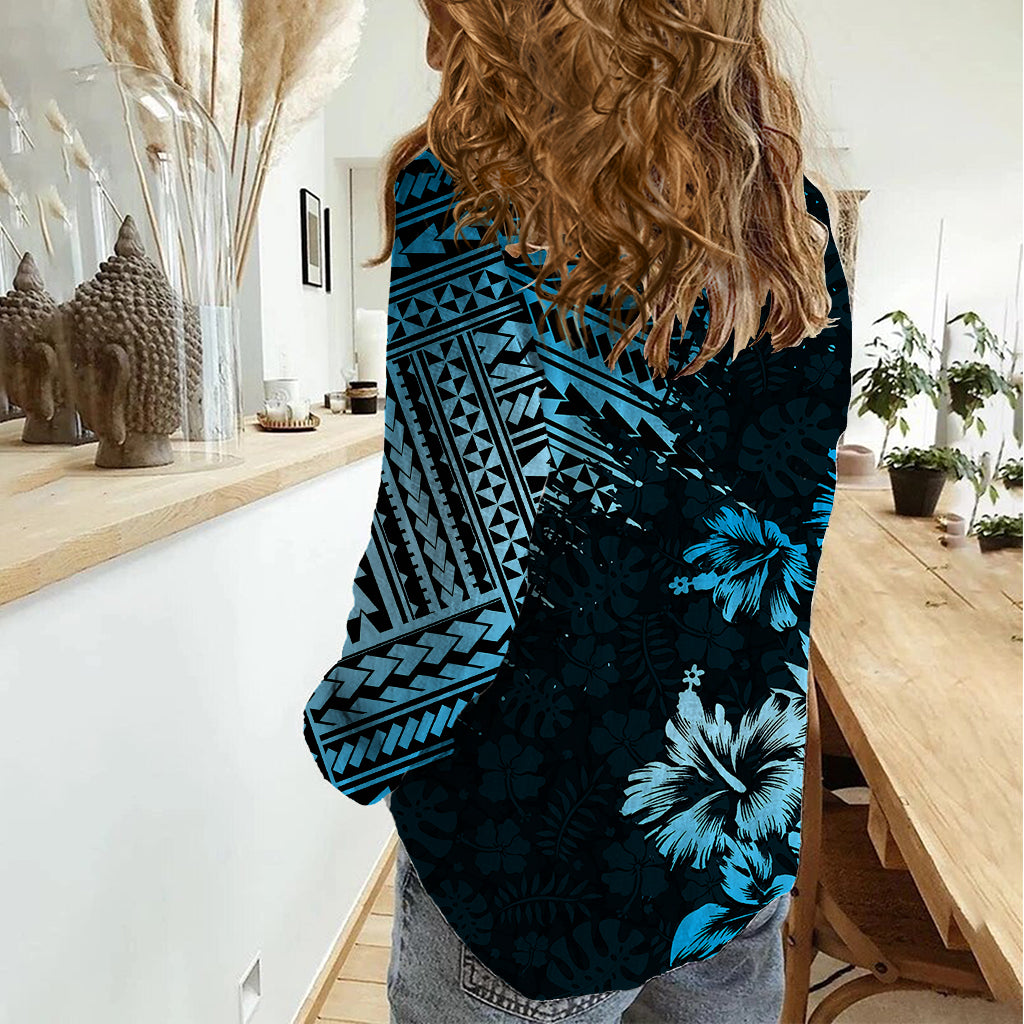 Hawaii Summer Women Casual Shirt Mix Polynesian Black-Blue LT6 - Polynesian Pride