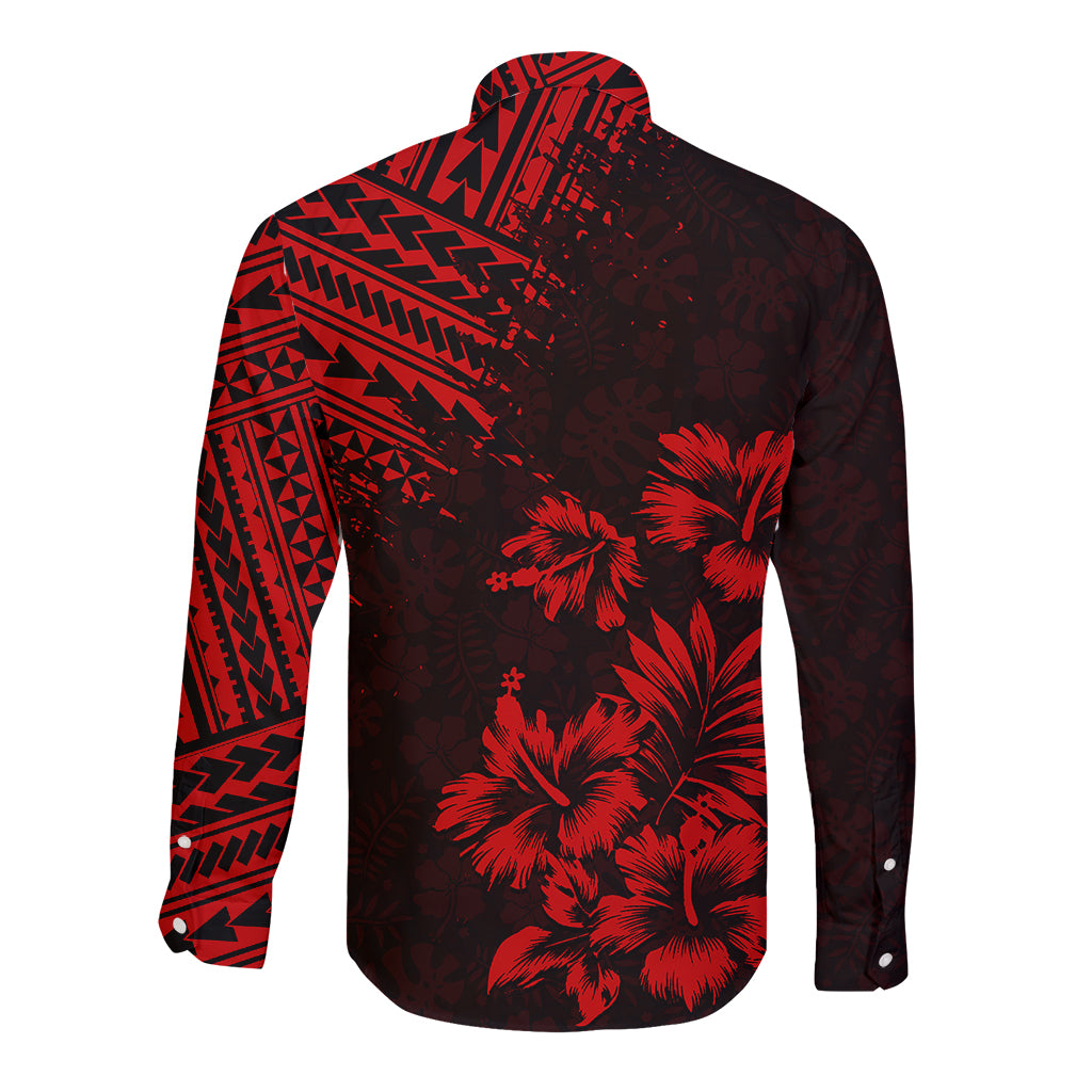 Hawaii Summer Long Sleeve Button Shirt Mix Polynesian Black-Red LT6 - Polynesian Pride