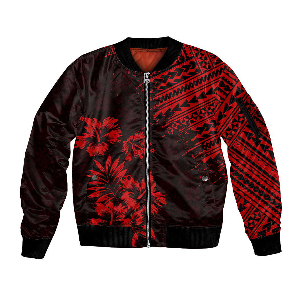 Hawaii Summer Sleeve Zip Bomber Jacket Mix Polynesian Black-Red LT6 Unisex Red - Polynesian Pride