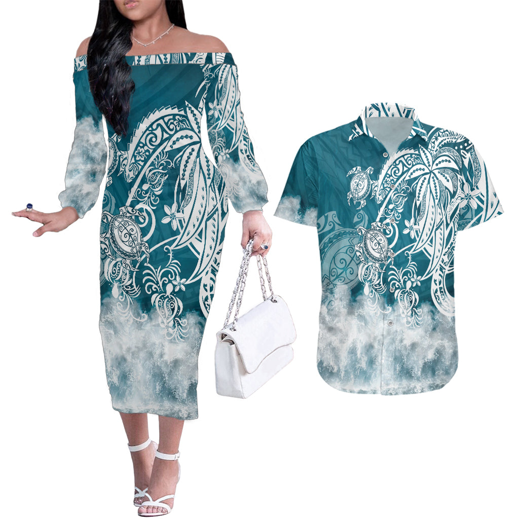 Polynesian Sea Turtle Couples Matching Off The Shoulder Long Sleeve Dress and Hawaiian Shirt Tribal LT6 Blue - Polynesian Pride