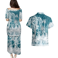 Polynesian Sea Turtle Couples Matching Puletasi Dress and Hawaiian Shirt Tribal LT6 - Polynesian Pride