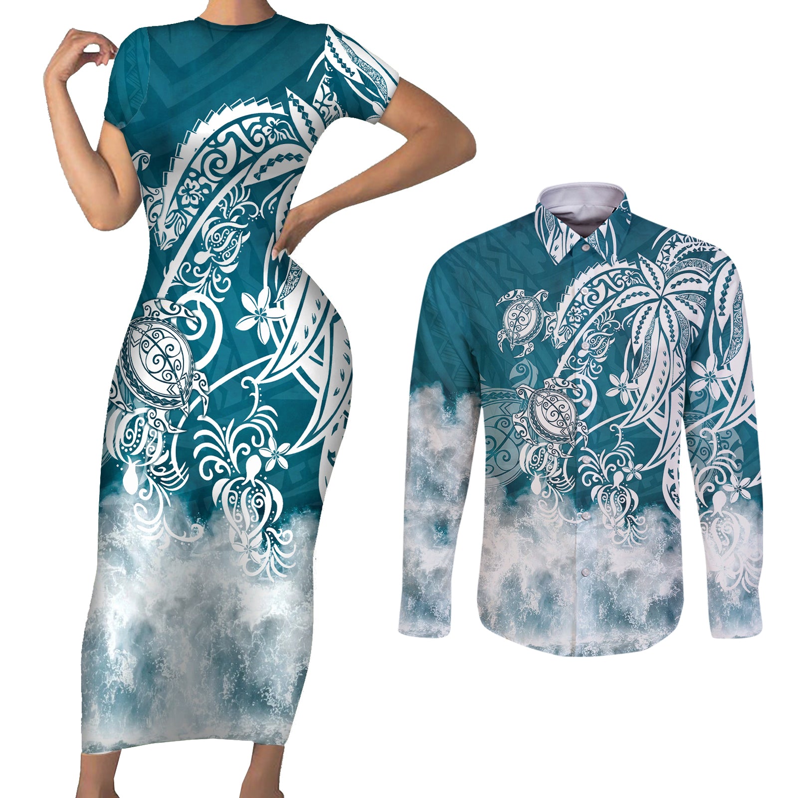 Polynesian Sea Turtle Couples Matching Short Sleeve Bodycon Dress and Long Sleeve Button Shirts Tribal LT6 Blue - Polynesian Pride