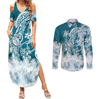 Polynesian Sea Turtle Couples Matching Summer Maxi Dress and Long Sleeve Button Shirts Tribal LT6 Blue - Polynesian Pride