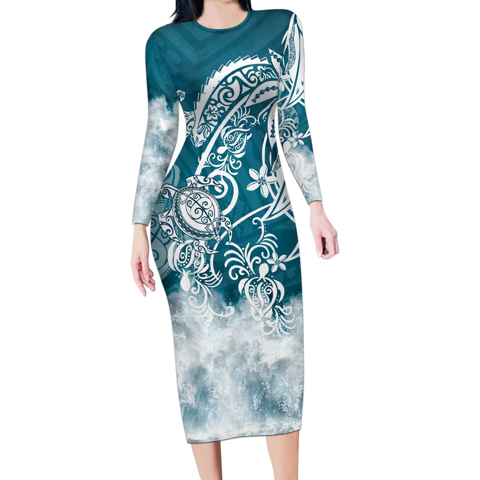 Polynesian Sea Turtle Long Sleeve Bodycon Dress Tribal LT6 Long Dress Blue - Polynesian Pride