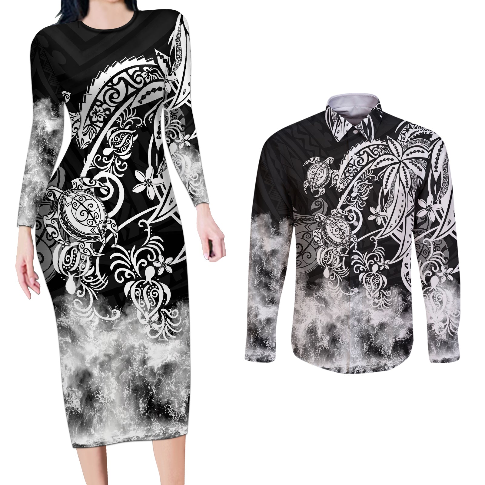 Polynesian Sea Turtle Couples Matching Long Sleeve Bodycon Dress and Long Sleeve Button Shirts Tribal Black LT6 Black - Polynesian Pride