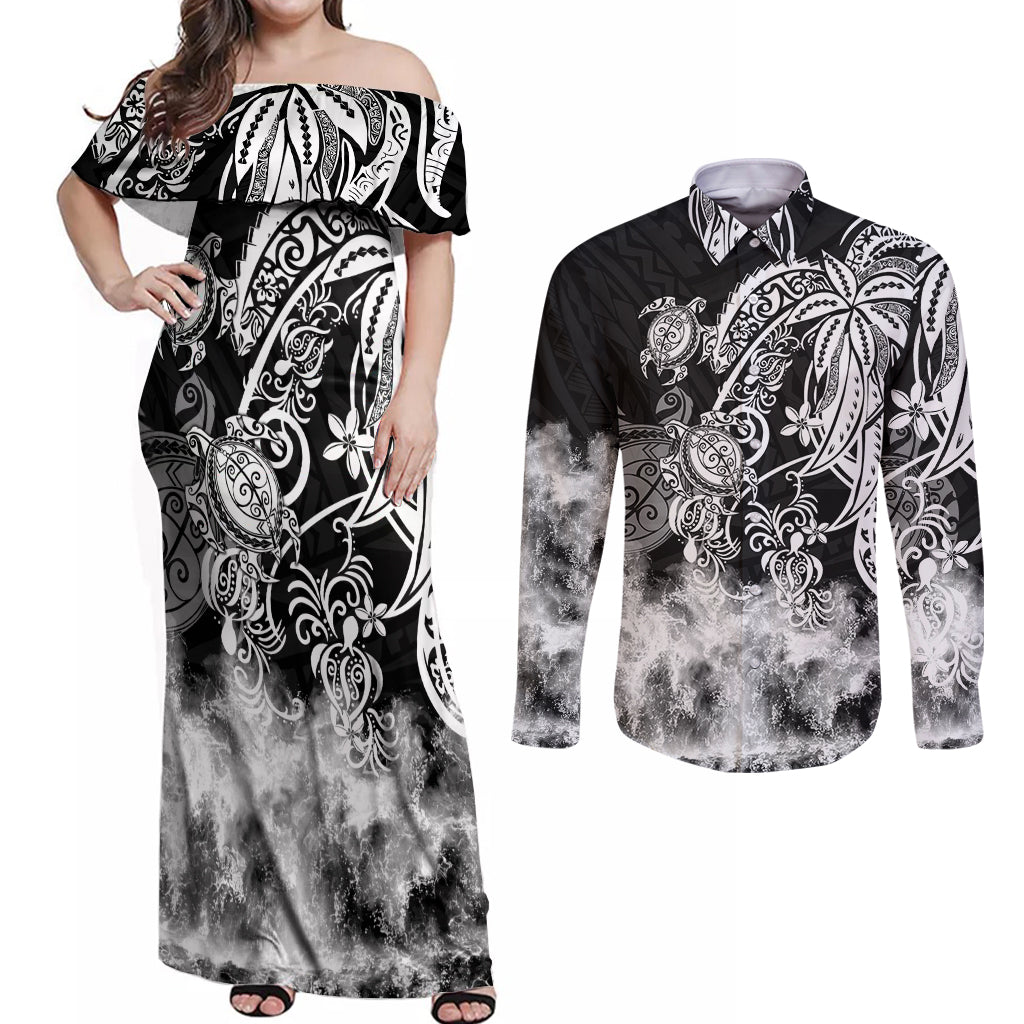 Polynesian Sea Turtle Couples Matching Off Shoulder Maxi Dress and Long Sleeve Button Shirts Tribal Black LT6 Black - Polynesian Pride