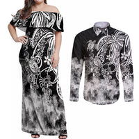 Polynesian Sea Turtle Couples Matching Off Shoulder Maxi Dress and Long Sleeve Button Shirts Tribal Black LT6 Black - Polynesian Pride