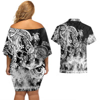 Polynesian Sea Turtle Couples Matching Off Shoulder Short Dress and Hawaiian Shirt Tribal Black LT6 - Polynesian Pride