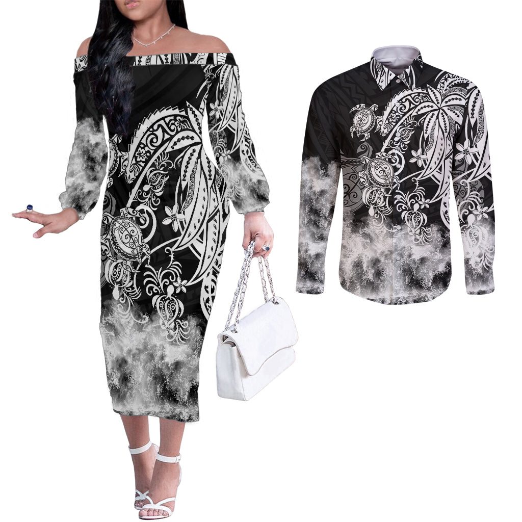 Polynesian Sea Turtle Couples Matching Off The Shoulder Long Sleeve Dress and Long Sleeve Button Shirts Tribal Black LT6 Black - Polynesian Pride