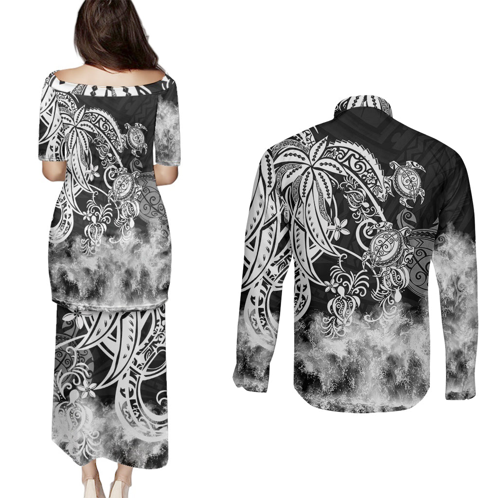 Polynesian Sea Turtle Couples Matching Puletasi Dress and Long Sleeve Button Shirts Tribal Black LT6 - Polynesian Pride
