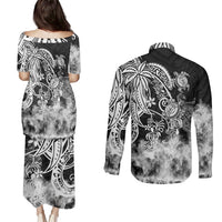 Polynesian Sea Turtle Couples Matching Puletasi Dress and Long Sleeve Button Shirts Tribal Black LT6 - Polynesian Pride