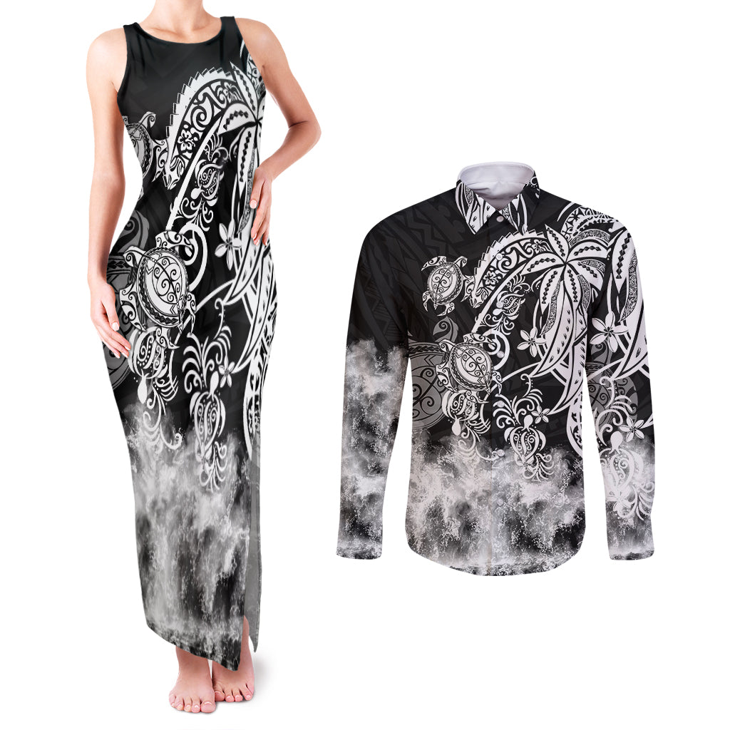 Polynesian Sea Turtle Couples Matching Tank Maxi Dress and Long Sleeve Button Shirts Tribal Black LT6 Black - Polynesian Pride