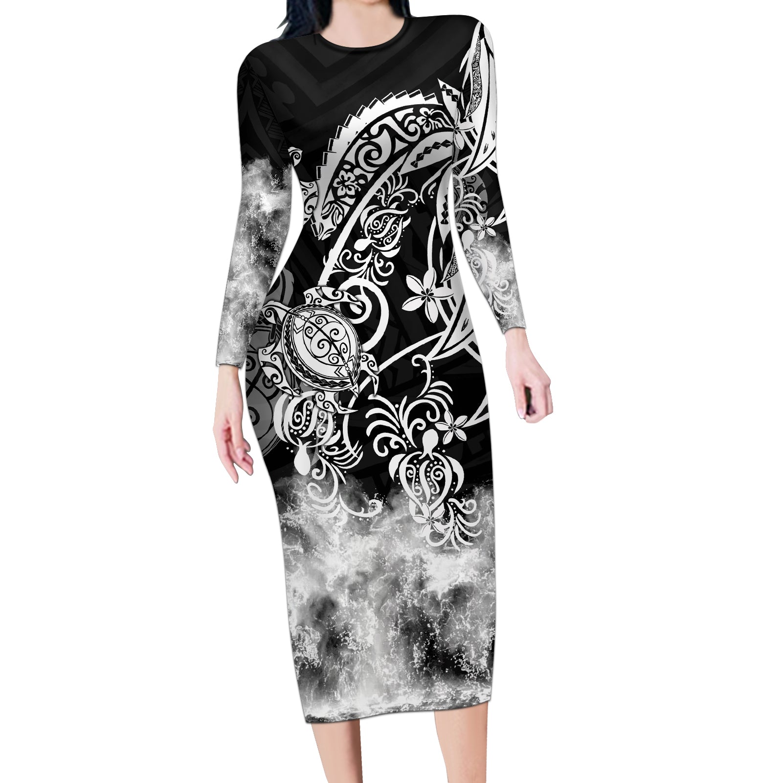 Polynesian Sea Turtle Long Sleeve Bodycon Dress Tribal Black LT6 Long Dress Black - Polynesian Pride