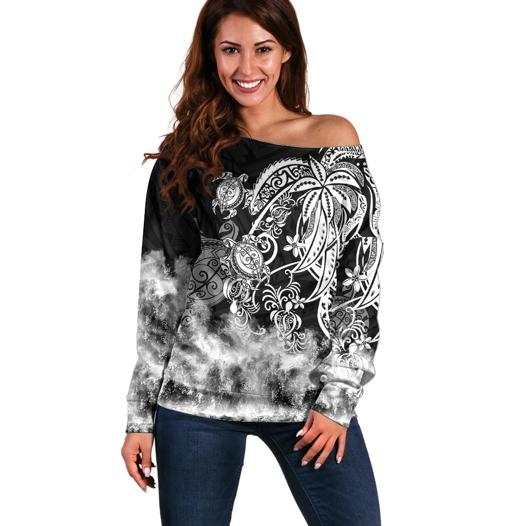 Polynesian Sea Turtle Off Shoulder Sweater Tribal Black LT6 Women Black - Polynesian Pride