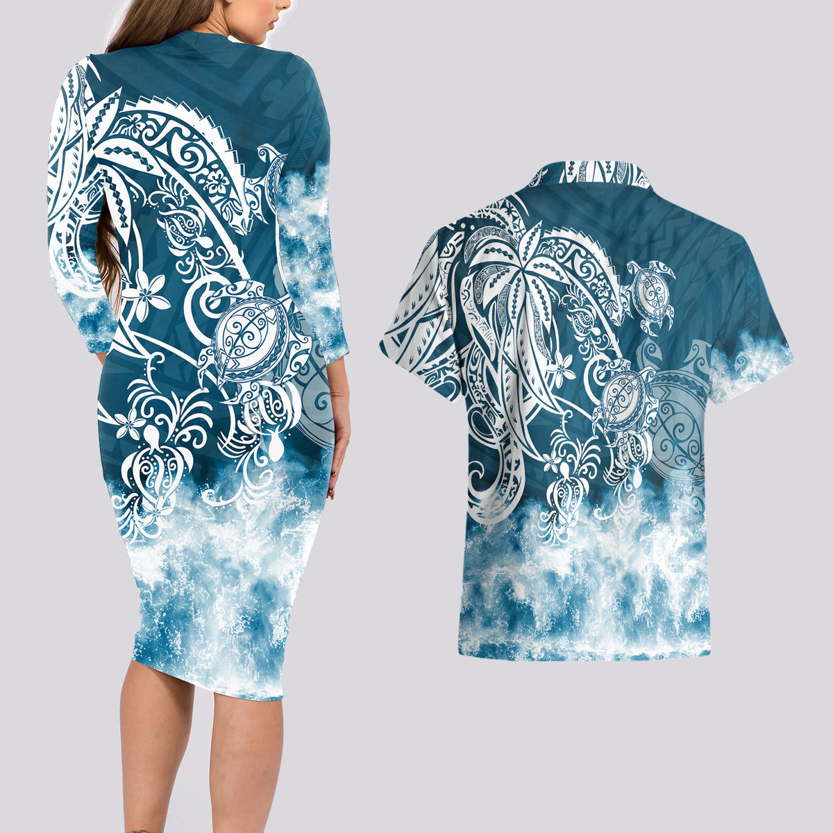 Polynesian Sea Turtle Couples Matching Long Sleeve Bodycon Dress and Hawaiian Shirt Tribal Blue LT6 - Polynesian Pride