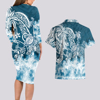 Polynesian Sea Turtle Couples Matching Long Sleeve Bodycon Dress and Hawaiian Shirt Tribal Blue LT6 - Polynesian Pride
