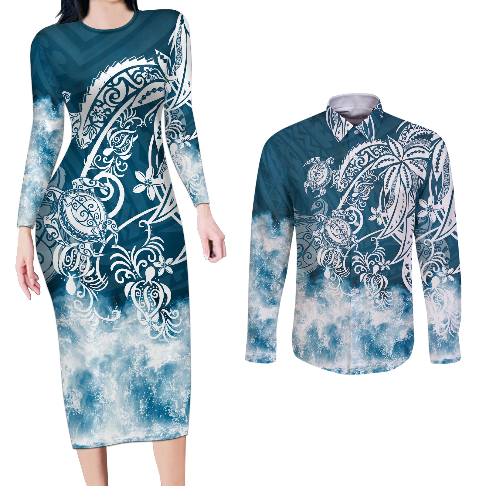 Polynesian Sea Turtle Couples Matching Long Sleeve Bodycon Dress and Long Sleeve Button Shirts Tribal Blue LT6 Blue - Polynesian Pride