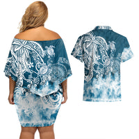 Polynesian Sea Turtle Couples Matching Off Shoulder Short Dress and Hawaiian Shirt Tribal Blue LT6 - Polynesian Pride