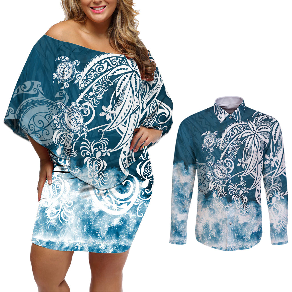 Polynesian Sea Turtle Couples Matching Off Shoulder Short Dress and Long Sleeve Button Shirts Tribal Blue LT6 Blue - Polynesian Pride