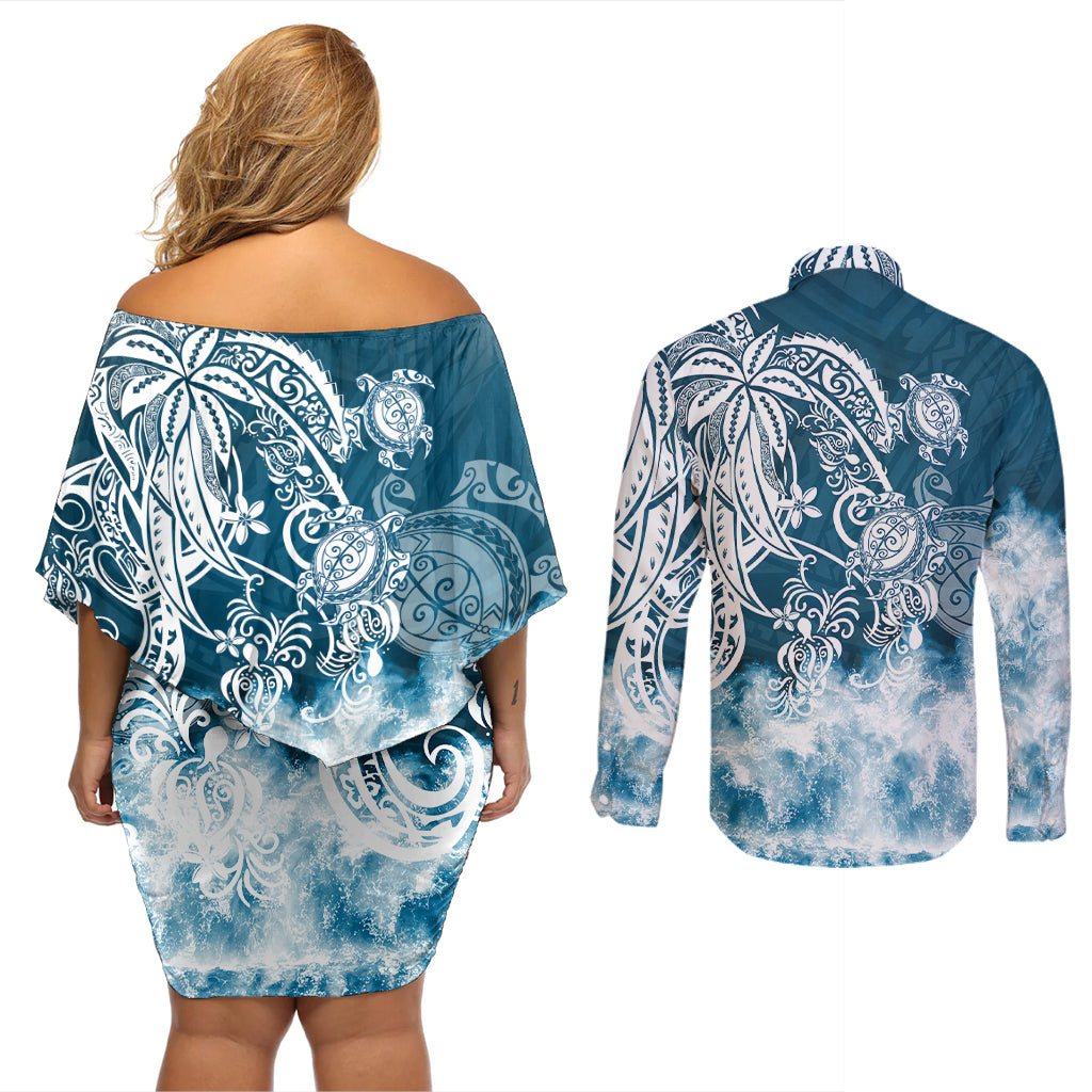 Polynesian Sea Turtle Couples Matching Off Shoulder Short Dress and Long Sleeve Button Shirts Tribal Blue LT6 - Polynesian Pride