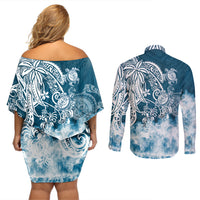 Polynesian Sea Turtle Couples Matching Off Shoulder Short Dress and Long Sleeve Button Shirts Tribal Blue LT6 - Polynesian Pride