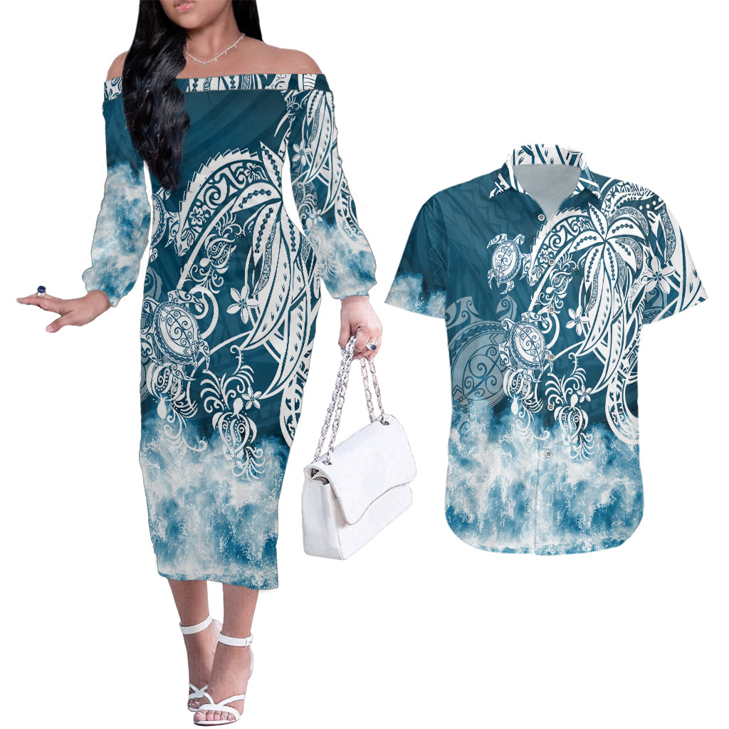 Polynesian Sea Turtle Couples Matching Off The Shoulder Long Sleeve Dress and Hawaiian Shirt Tribal Blue LT6 Blue - Polynesian Pride