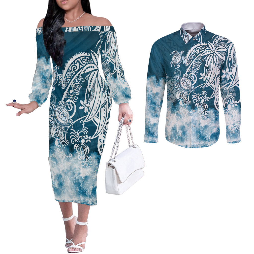 Polynesian Sea Turtle Couples Matching Off The Shoulder Long Sleeve Dress and Long Sleeve Button Shirts Tribal Blue LT6 Blue - Polynesian Pride